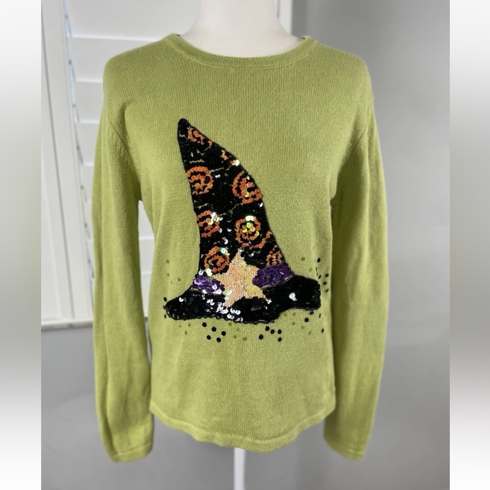 Peek A‎ Boo Halloween Sequin Witches Hat Lime Green Pullover Sweater Women’s S
